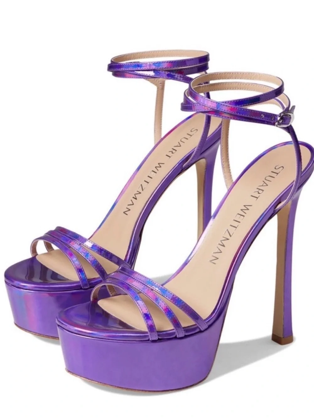 Stuart Weitzman Purple Iridescent Metallic Platform Sandals